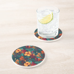 Colourful Hibiscus, Yellow Orange Green Floral Coaster