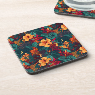 Colourful Hibiscus, Yellow Orange Green Floral Coaster