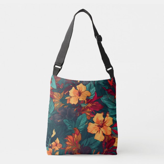 Colourful Hibiscus, Yellow Orange Green Floral Crossbody Bag (Front)