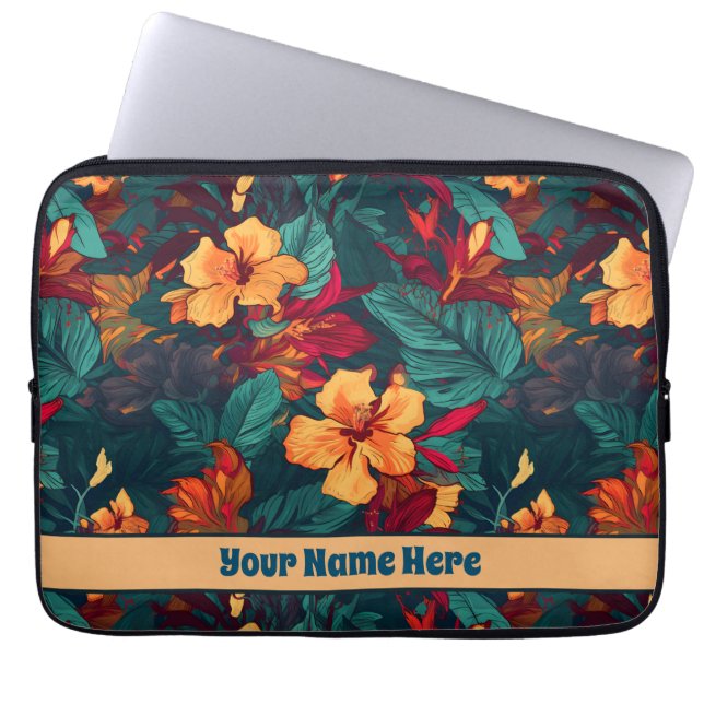 Colourful Hibiscus, Yellow Orange Green Floral Laptop Sleeve (Front)