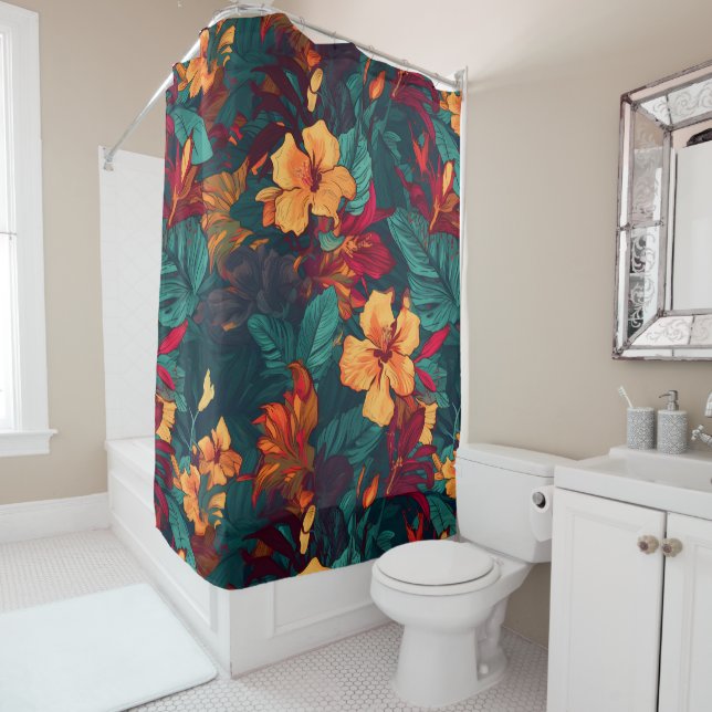 Colourful Hibiscus, Yellow Orange Green Floral Shower Curtain (In Situ)