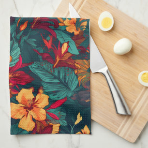 Colourful Hibiscus, Yellow Orange Green Floral Tea Towel