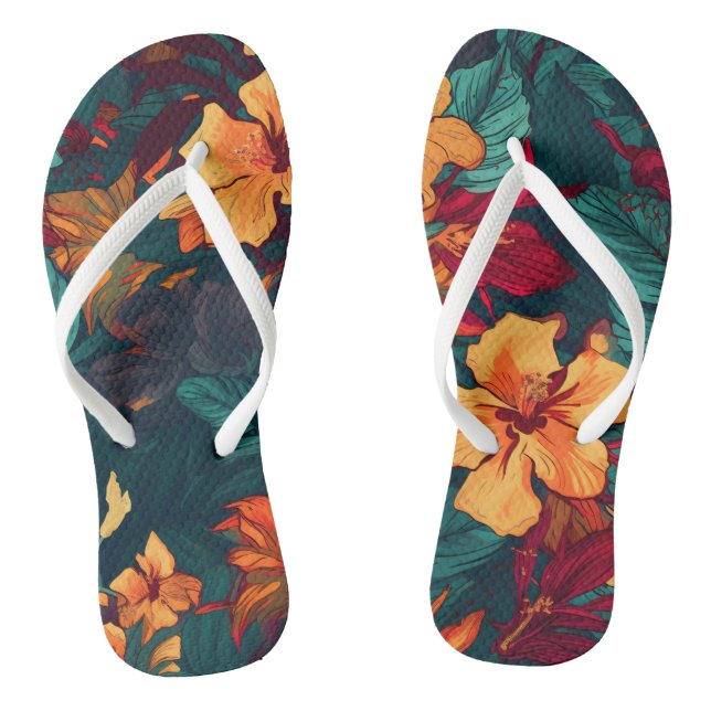 Colourful Hibiscus, Yellow Orange Green Floral Thongs (Footbed)