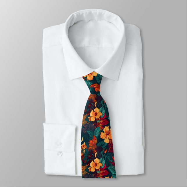 Colourful Hibiscus, Yellow Orange Green Floral Tie (Tied)