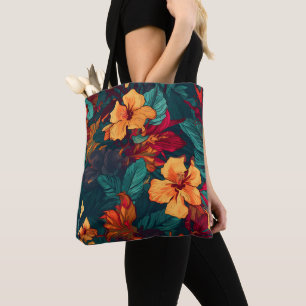 Colourful Hibiscus, Yellow Orange Green Floral Tote Bag