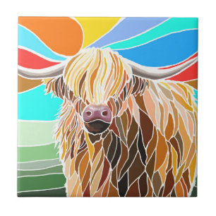 Colourful Highland Cow Ceramic Tile