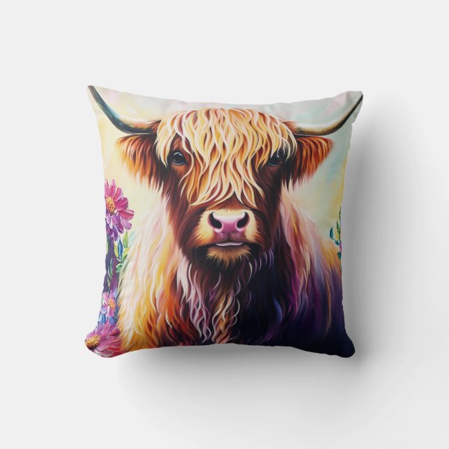 Colourful Highland Cow Floral Art Cushion (Front)