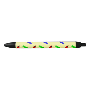 Colourful highlighters on yellow black ink pen