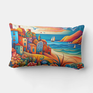 Colourful Hillside Houses Ocean Seagulls Boats Lumbar Cushion