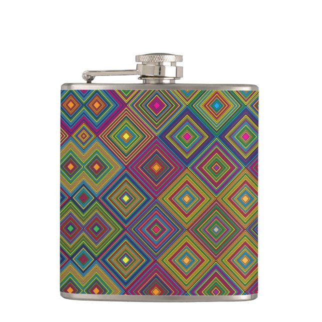 Colourful hip flask with a geometric diamond patte (Front)