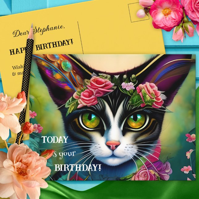 Colourful Hippie Crazy Cat Lady Birthday Postcard (Creator Uploaded)