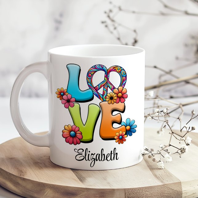 Colourful Hippie Floral LOVE PEACE Custom Name  Coffee Mug (Colorful Hippie Floral LOVE PEACE Custom Name Coffee Mug on a boho kitchen table with tiny flowers)