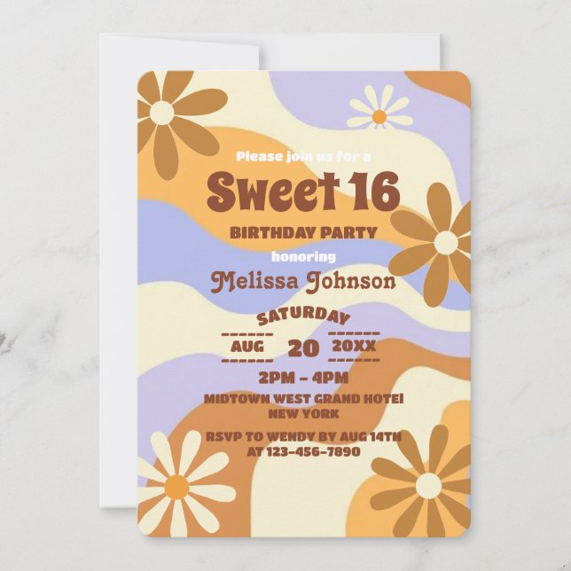 Colourful Hippie Flower Retro Groovy Sweet 16 Invitation (Front)