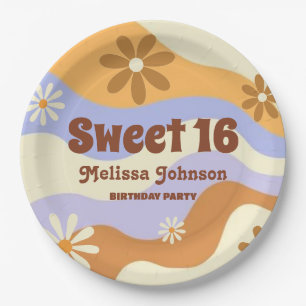 Colourful Hippie Flower Retro Groovy Sweet 16 Paper Plate