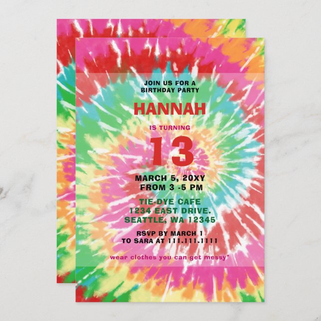 Colourful Hippie Tie Dye Fun Birthday Party Invita Invitation (Front/Back)