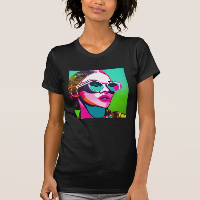 Colourful Hipster Lady in Sunglasses and Messy Bun T-Shirt (Front)