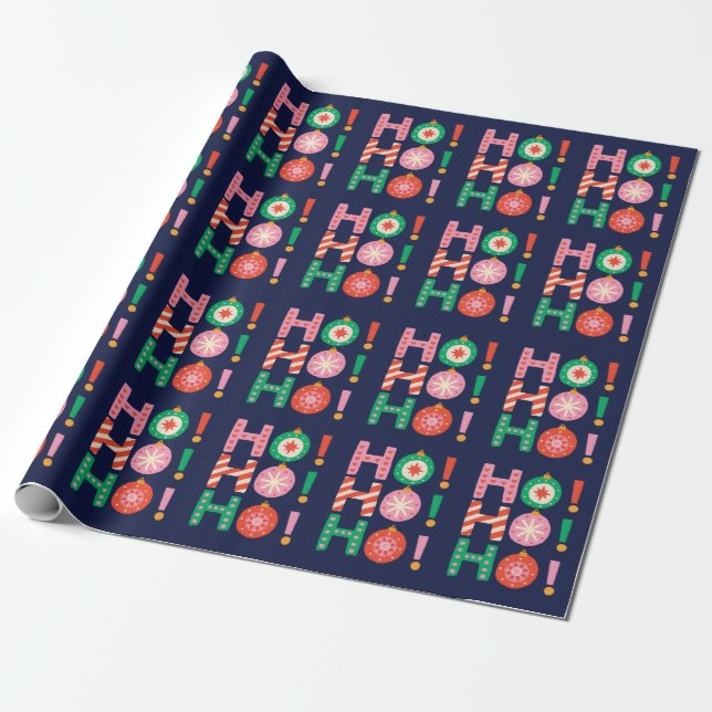 Colourful HO HO HO Navy Blue Christmas Gift Wrapping Paper (Unrolled)