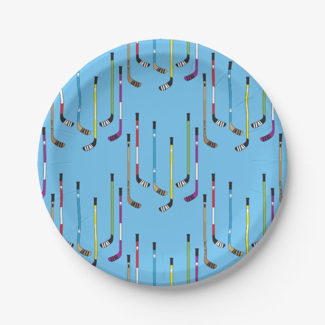 Colourful Hockey Sticks and Puck Paper Plate (Front)