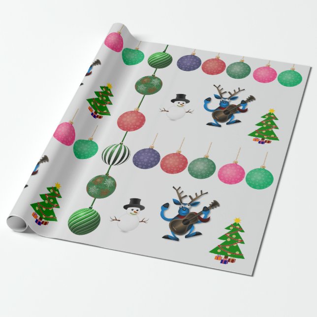 Colourful Holiday Fun Deer Snowman Wrapping Paper (Unrolled)