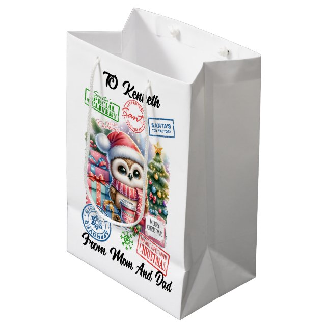 Colourful Holiday Sack With Cheerful Santa owl Medium Gift Bag (Front Angled)