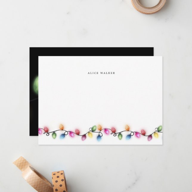 Colourful Holiday String Lights Monogram Note Card (Front/Back In Situ)