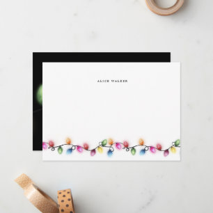 Colourful Holiday String Lights Monogram Note Card