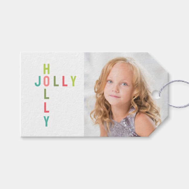 Colourful Holly Jolly Photo Gift Tags (Front (Horizontal))