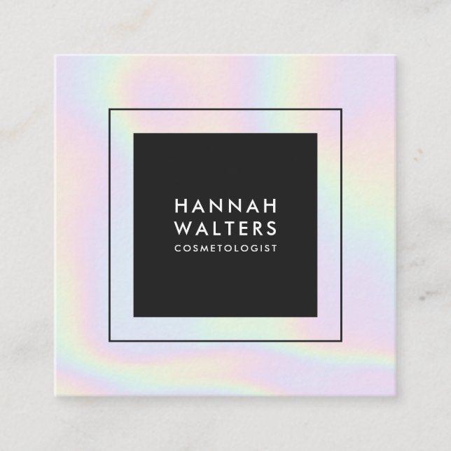 Colourful holographic rainbow modern beauty salon square business card (Front)