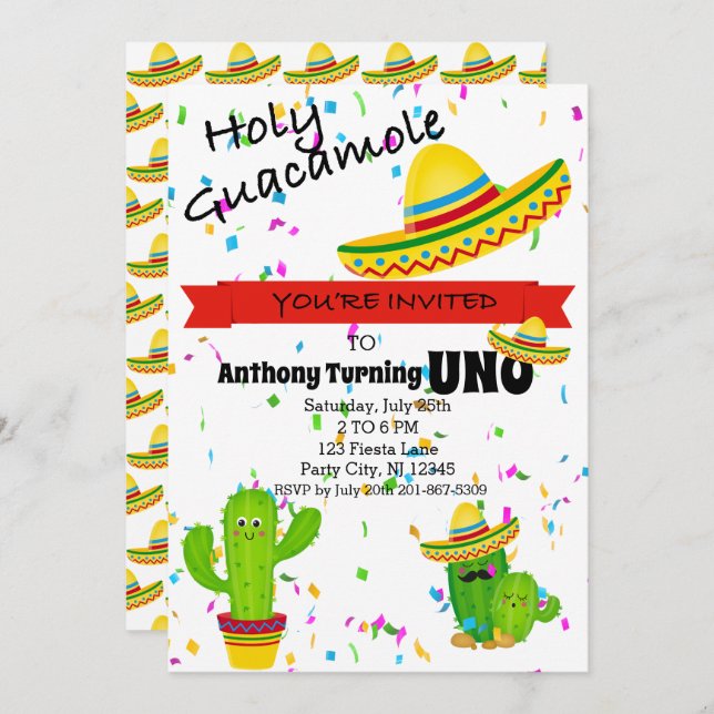 Colourful Holy Guacamole First Birthday Party Invitation (Front/Back)