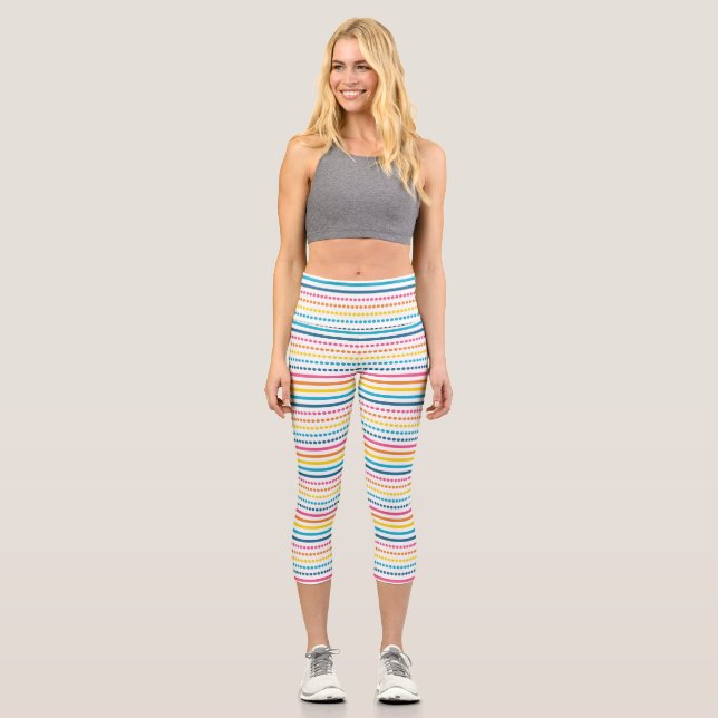 Colourful Horizontal Dotted Stripes Geometric Capri Leggings (Front)