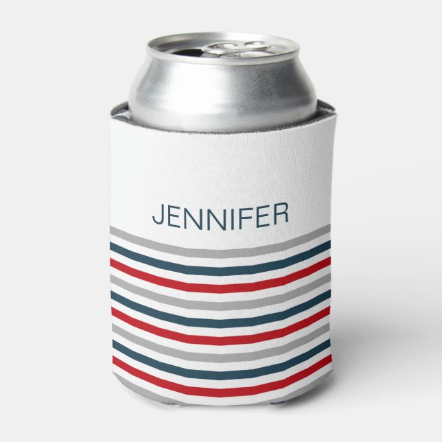 Colourful horizontal navy stripes can cooler (Can Front)