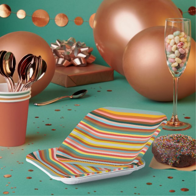 Colourful Horizontal Retro Stripes  Paper Plate (Multi)