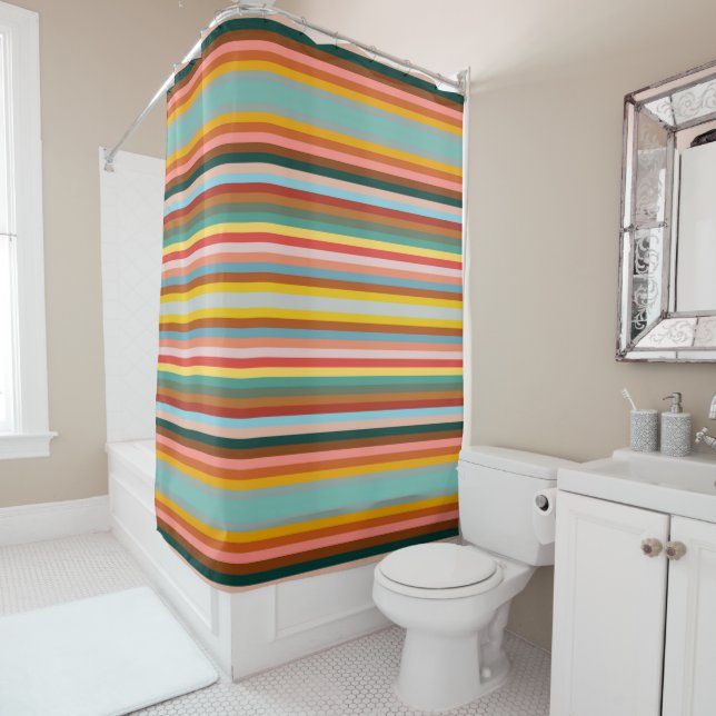 Colourful Horizontal Retro Stripes  Shower Curtain (In Situ)