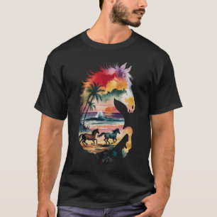 Colourful Horse Head Ocean Sunset and Palm Trees T-Shirt