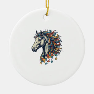 Colourful Horse Puzzle Piece Vintage Engraving T-S Ceramic Ornament