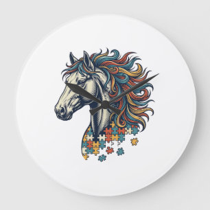 Colourful Horse Puzzle Piece Vintage Engraving T-S Large Clock