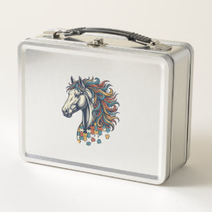 Colourful Horse Puzzle Piece Vintage Engraving T-S Metal Lunch Box
