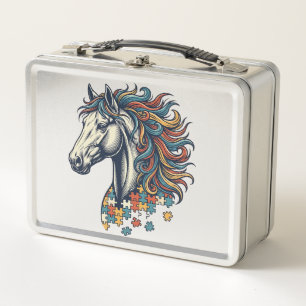 Colourful Horse Puzzle Piece Vintage Engraving T-S Metal Lunch Box