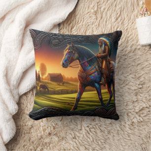 Colourful Horse Rider in Vibrant Sunset Landscape Cushion