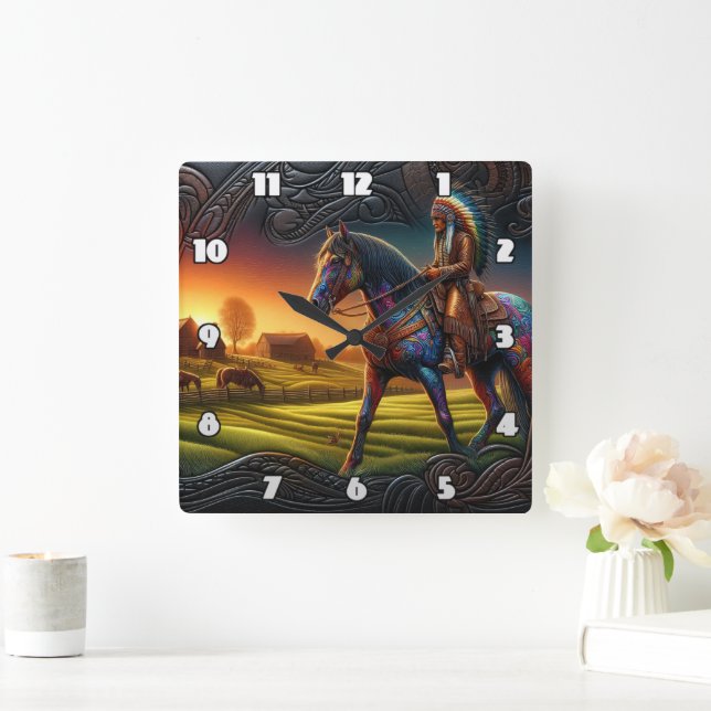 Colourful Horse Rider in Vibrant Sunset Landscape Square Wall Clock (Home)