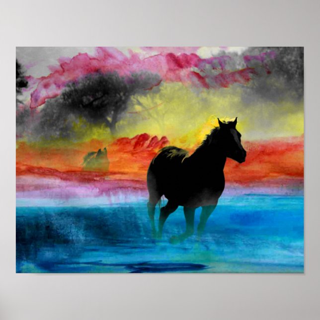 Colourful Horse Running in Water Poster (Front)