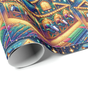 Colourful Horses Looking Out Of Christmas Barn Wrapping Paper