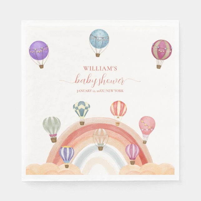 Colourful Hot Air Balloon Rainbow Baby Shower  Napkin (Front)