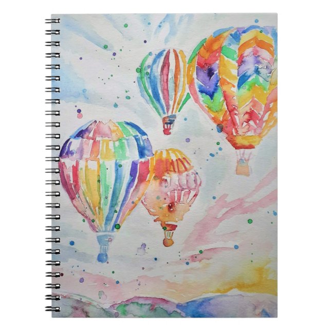 Colourful Hot Air Balloon Watercolor Art Design Notebook (Front)