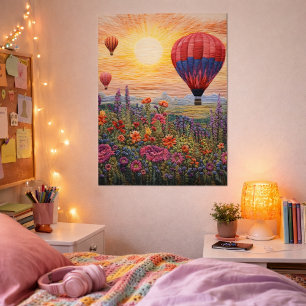 Colourful Hot Air Balloon Wildflower sunset Poster