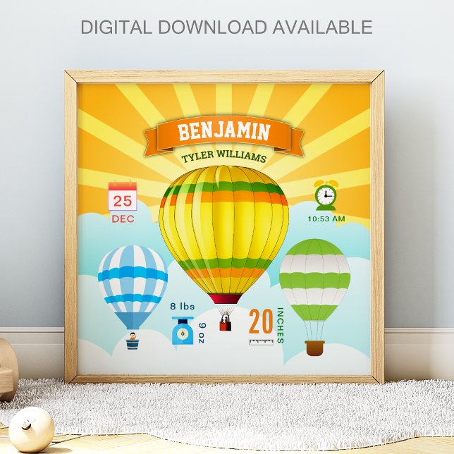 Colourful Hot Air Balloons Baby Birth Stats Poster (Creator Uploaded)