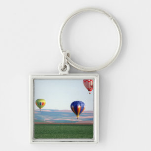 Colourful hot air balloons float over wheat key ring
