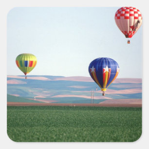 Colourful hot air balloons float over wheat square sticker