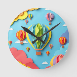 Colourful Hot Air Balloons Sky Pattern Round Clock