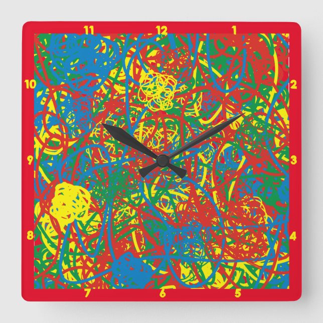 Colourful hot mess red blue yellow green rainbow square wall clock (Front)
